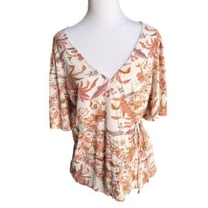 Lucky Brand Women Cream Floral Wrap Top Short Sleeve Boho V-Neck Cotton Modal M